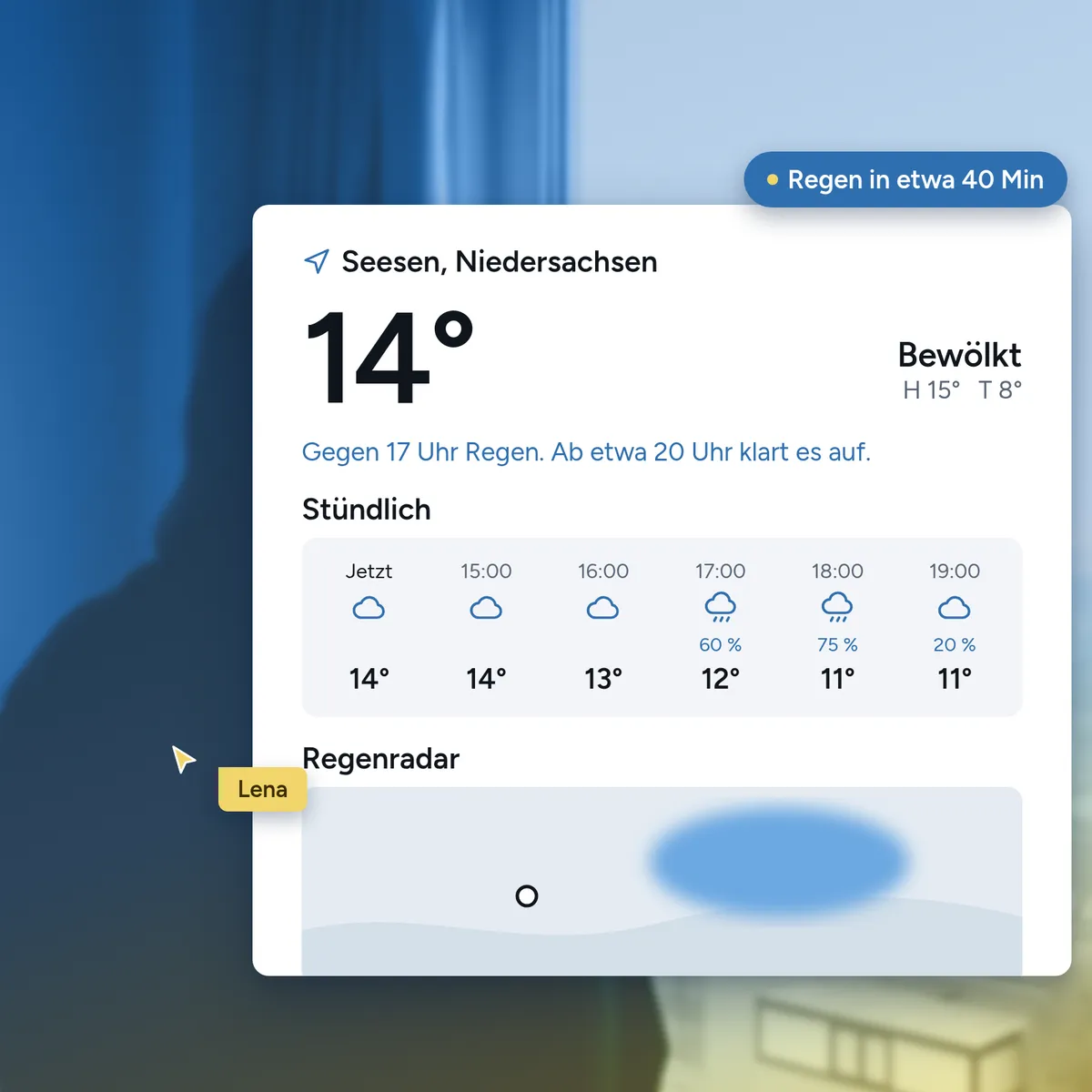 Wetteransicht mit Stundenverlauf und Regenradar in deldown Weather